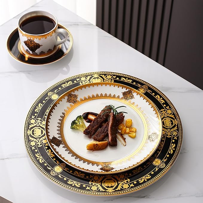 European Style Dinnerware Set Service for 2 Bone China Dinnerware Sets Unbreakable Porcelain Dinner Coffee Cup and Saucer Tableware Steak Dinner Plates Dish Set (8Pcs)