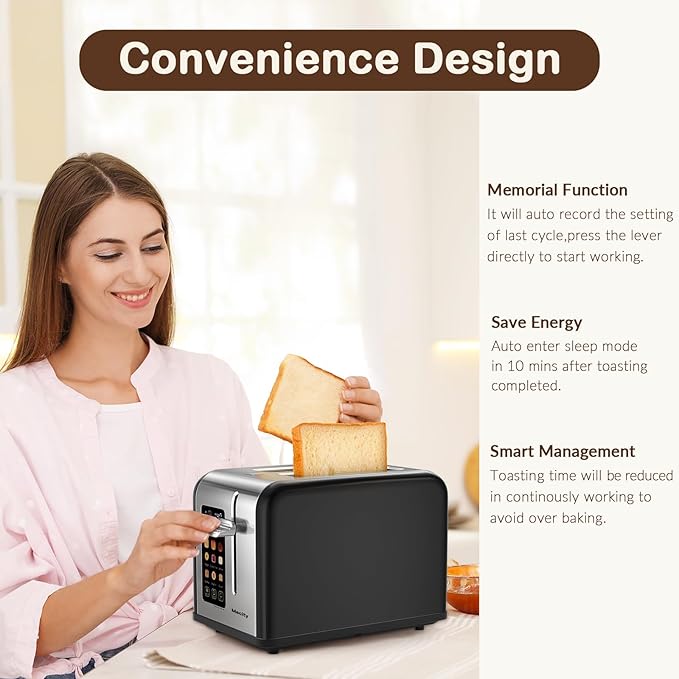 Mecity 2 Slice Touch Screen Toaster 1.5 Wide Slot Stainless Steel Smart Toaster for Bagels Muffins Waffles Gluten-Free Breads Defrost Reheat Timer 120V 825W Matt Black