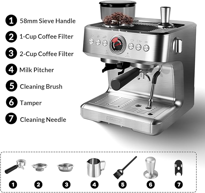 GAOMON Espresso Machine with Grinder 20 Bar Semi-Automatic Coffee Maker PID Control Milk Frother Steam Wand 95Oz Water Tank Easy Use for Espresso Latte Cappuccino Silver