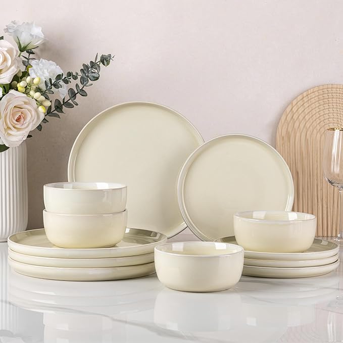AmorArc Stoneware Dinnerware Sets for 4Round Reactive Glaze Ceramic Plates and Bowls SetHighly Scrath Resistant | Dishwasher &amp Microwave Safe Dishes SetService for 4 (12pc)