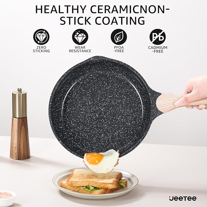JEETEE 24Pcs Ceramic Cookware Set Gray Pots and Pans Set Non Stick Kitchen Healthy Non Toxic Induction Cookware Sets W/Saucepans Sauté Pan Griddle Crepe Pan &amp Pancake Rake (PFASPFOA Free)