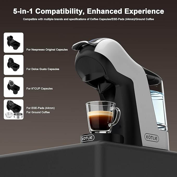 KOTLIE EM-308B Espresso Machine Single Serve Coffee Maker Compatible with Multiple Capsule Types Ground Coffee and ESE Pods 3 Temperatures 7 Water Volume Levels 34 Oz（White）