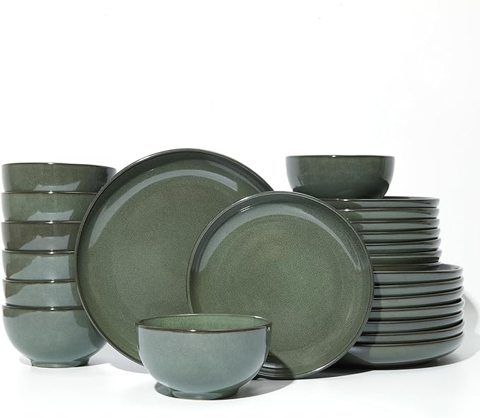 Plates and Bowls Sets for 8 24 Piece Dinnerware Set for Large Families &amp Entertaining Elegant Design Dishwasher &amp Microwave Safe Chip Resistant and Durable Forest Green