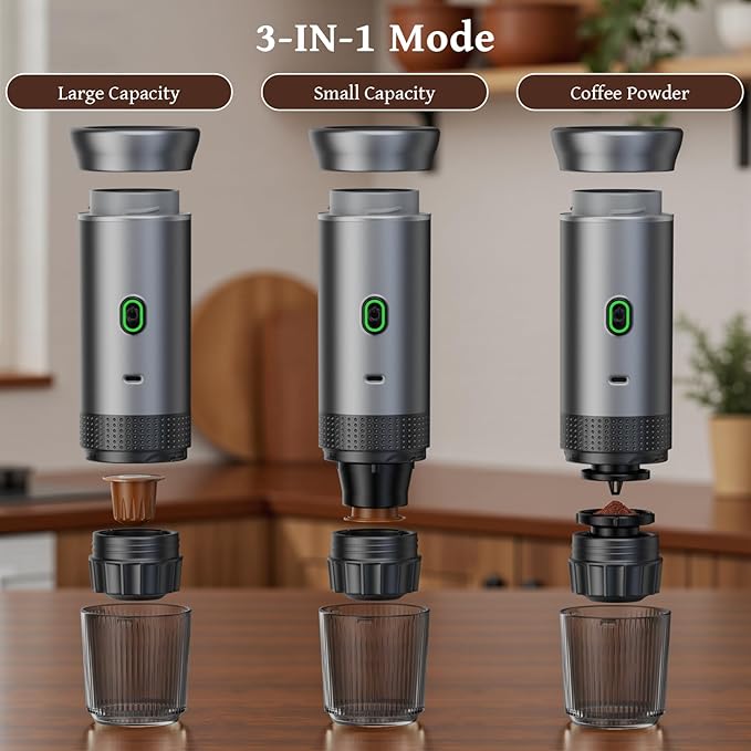 Portable Coffee Maker Espresso Machine 3-In-1 Travel Coffee Maker Cafetera Portatil Expreso with Small Tea Cup Compatible with Ground Coffee &amp NS Capsule for RV HikingCamping