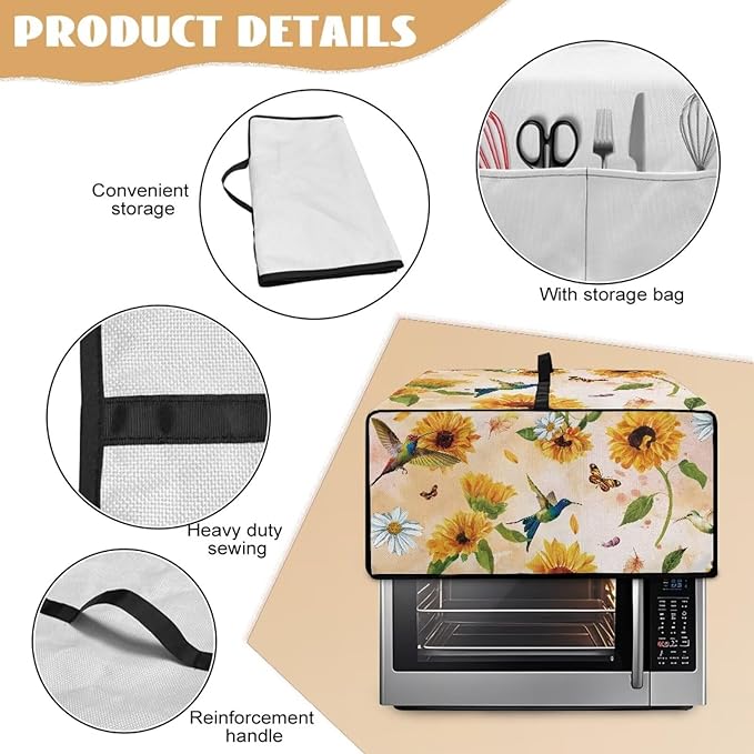 Mumeson Hummingbird Sunflower Toaster Oven Dust Cover Waterproof Dust Proof Bread Machine Cover with Accessory Pockets Small Kitchen Appliance