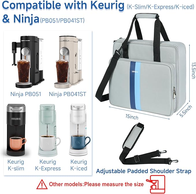 Coffee Maker Travel Bag Compatible with Keurig K-Slim/K-Express/K-Iced/Ninja PB051/PB041STSingle Serve Coffee Brewer Carrying Case with Multiple Pockets for K-Cup PodsGrey(Bag Only)