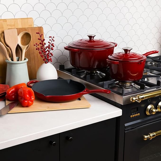 Larder &amp Vine 21 Piece Cookware Set (Cabernet) | Dutch Oven Utensil Set Saucepan Skillet and Trivets