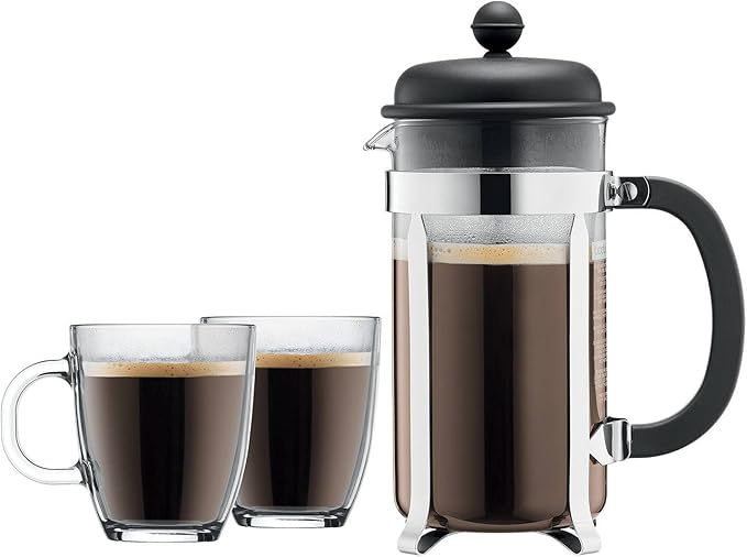 Bodum Caffettiera French Press Coffee Maker 8 Cup 1 Liter 34oz with 2 Glass Mugs 0.35 Liter 12oz