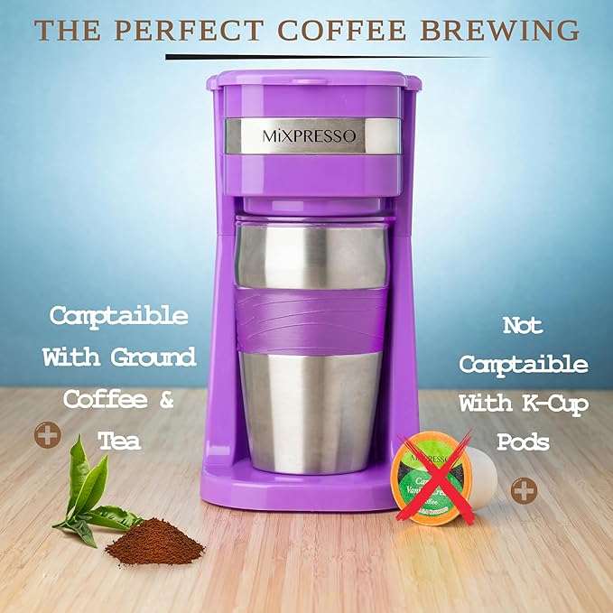 Mixpresso Purple Personal Single Serve Coffee Maker with 14oz Travel Mug Drip Small Coffee Maker with Auto Shut Off Reusable Filter Works with Ground Coffee Only – Not for K-Cup Pods