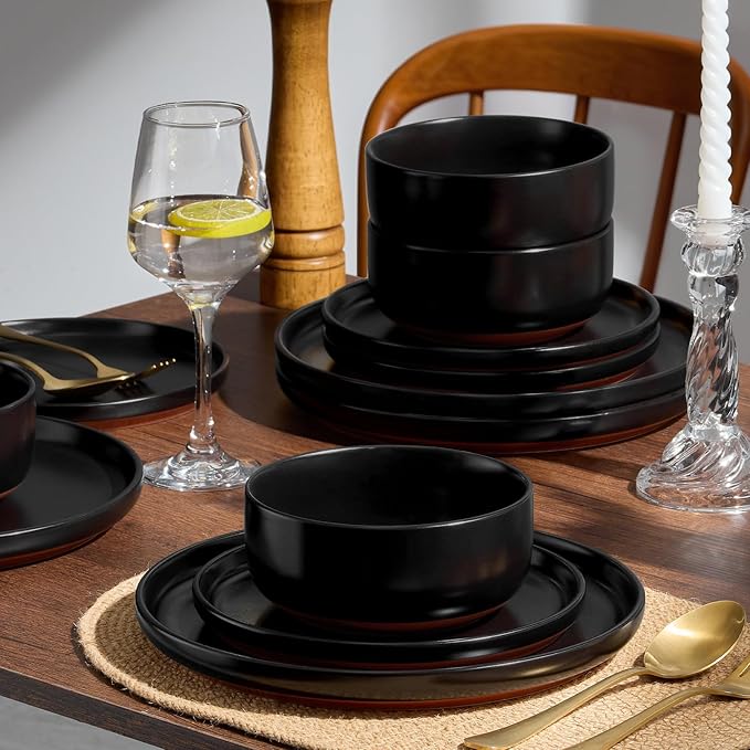 E-far 18-Piece Stoneware Plates and Bowls Sets Dinnerware Sets for 6 Ceramic Dishware Dishes Set with Terracotta Base Chip &amp Scratch Resistant Microwave &amp Dishwasher Safe Matte Black