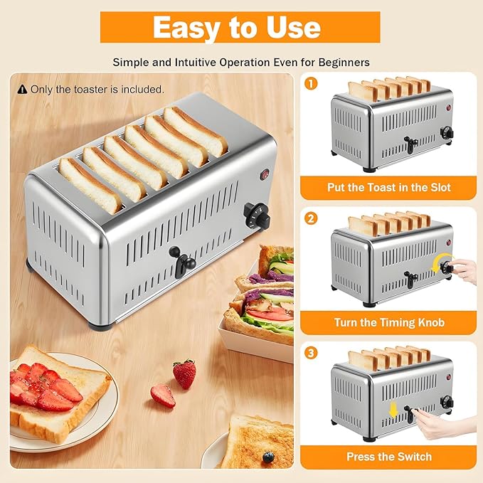 Professional-Grade 6-Slice Stainless Steel Toaster Commercial-Grade Extra-Wide Slot with Crumb Tray Even Heating to Ensure Even Cooking. Suitable for Home Kitchens Restaurants and Bakeries.