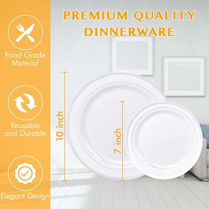 JollyPack 100 Piece Disposable Silver Plastic Party Plates Including 50 10 Inch Dinner Plates and 50 7 Inch for Dessert Great for Parties Weddings Home Use and Christmas