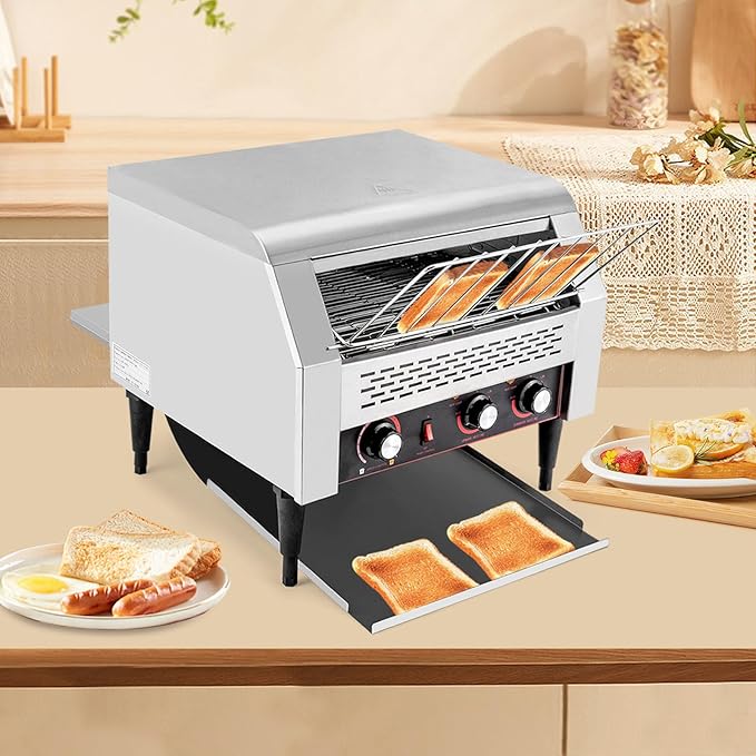 Commercial Conveyor Toaster 450 Slices/Hour 2.6KW Countertop Stainless Steel Bread Toaster with 7 Gears Adjustable Heavy Duty Electric Restaurant Toaster for Bagel Burgers Sandwich Baked Food