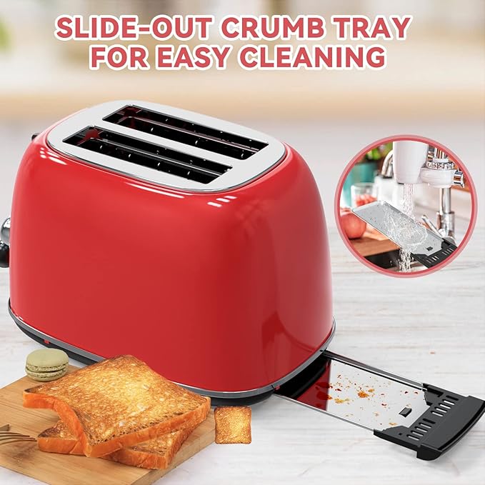 Toaster 2 sliceRetro Stainless Steel Toaster with 6 Settings 1.5 In Extra Wide Slots Bagel/Defrost/Cancel Function Removable Crumb Tray (Red)
