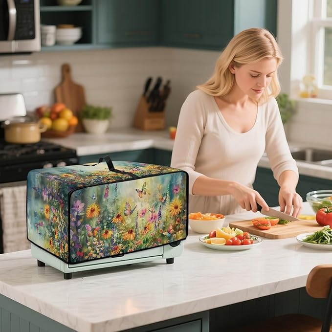 Sunflower Butterfly Toaster Oven Cover Wide Slot Dustproof Washable Toaster Oven Air Fryer Cover Universal Fit Most Standard Toasters Green and Yellow