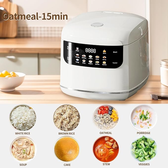 NUNET Electric Mini Rice Cooker 5 Cups Small Rice Cooker Portable 10-in-1 Smart Multi-Functional Cooker Time Control 400W for Soup Mixed Grain Rice Oatmeal Porridge w. Non-Stick Inner Pot (White)