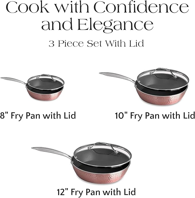 Luxurious Non-Stick Ceramic 3 Piece Rose Gold Cookware Set with Lid Lightweight Scratch-Resistant Dishwasher Safe Oven Safe up to 500°F Suitable for All Stove Types