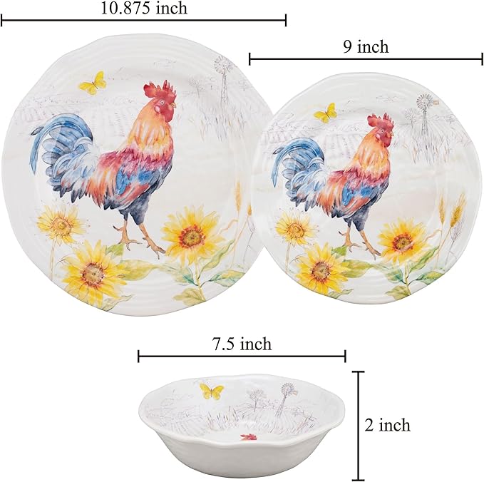 UPware 12 Piece Sunshine Rooster Melamine Dinnerware Sets Outdoor Dishes Set Plates and Bowls Sets Service for 4 Multicolor