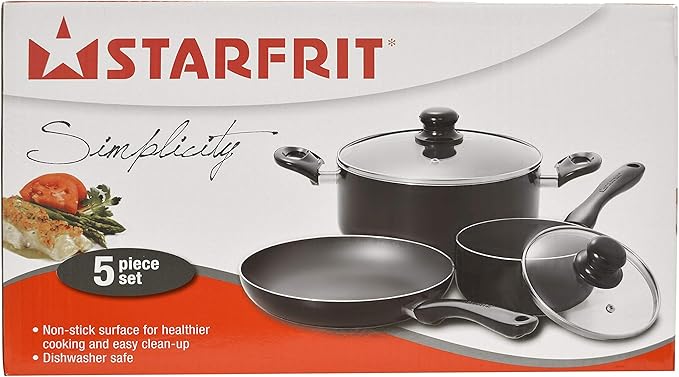 Starfrit Simplicity 5PC Cookware Set - Durable Stainless Steel - Oven Safe - PFOA Free - Easy to Clean - Black