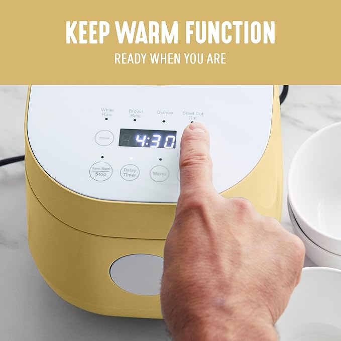 GreenLife Digital Rice Cooker 2-Cups Uncooked/4-Cups Cooked Removable Nonstick Ceramic PFAS-Free Pot One-Touch Presets Oats Quinoa Brown Rice Auto Keep Warm Fuzzy Logic Tech 1.5QT Butter Yel