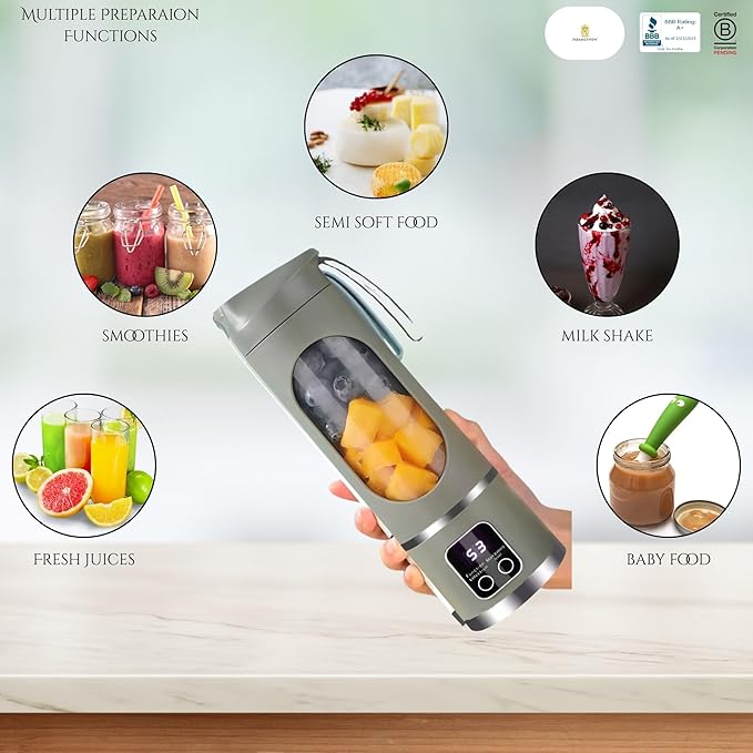 Paramexview® Portable Blender 16oz/500ml for Juices &amp Smoothies with 12 Stainless Steel Blades | USB Rechargable &amp 3 Levels Multi-Speed Control | 50W Powered fusion Portable Blender