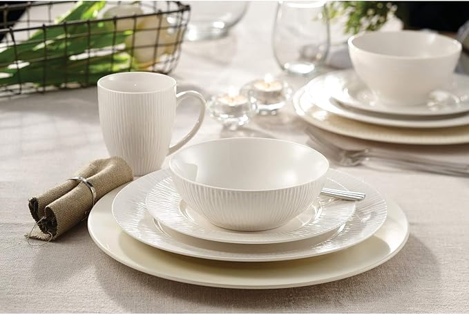 Safdie &amp Co. AM02586 Embossed Round Rim Dinner Set 16 Piece White