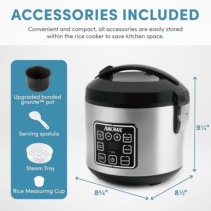 AROMA® 8-Cup (Cooked) / 2 Qt. Digital Rice &amp Grain Multicooker Durable Nonstick Inner Pot Oatmeal Steam White &amp Brown Rice Keep Warm