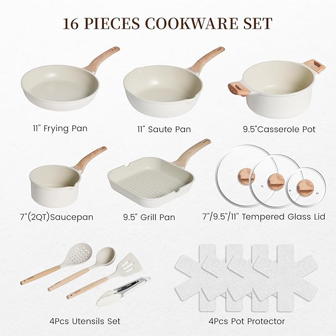 Kikcoin 16Pcs Pots and Pans Set Nonstick Ceramic Cookware Sets Induction Kitchen Cooking Set Non toxic Healthy Non Stick w/Grill PanSaute Pan Ceramic White