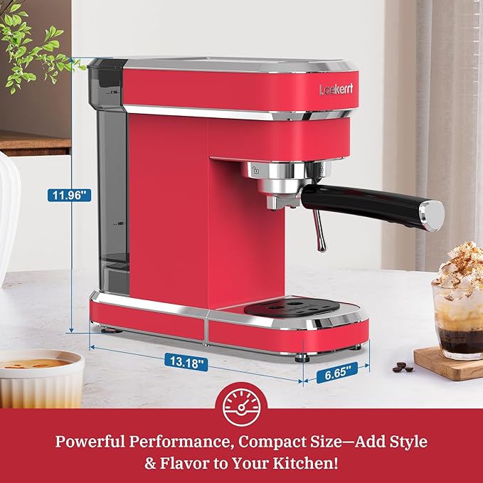 Espresso Machine 20 Bar Professional Espresso Maker with Milk Frother Steam Wand Compact Coffee Machine with Removable Water Tank for Cappuccino Latte Gift for Dad or Mom Stainless Steel Red