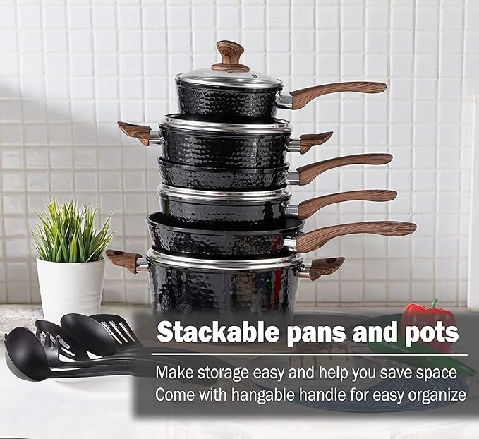 Pots and Pans Set Non Stick 15 Pcs Non-Toxic Hammered Kitchen Cookware Sets Black Granite Cooking Pot and Pan for Induction Stovetop