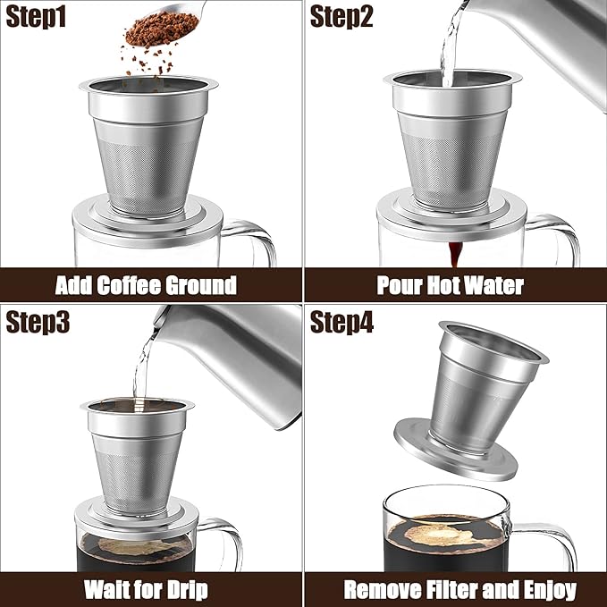Pour Over Coffee Maker Set for Travel/Camping/Hiking Single Cup Stainless Steel Coffee Filter 14 Oz Borosilicate Glass Mug Extra Permanent Lid and Moulded Neoprene Case at Home/Office