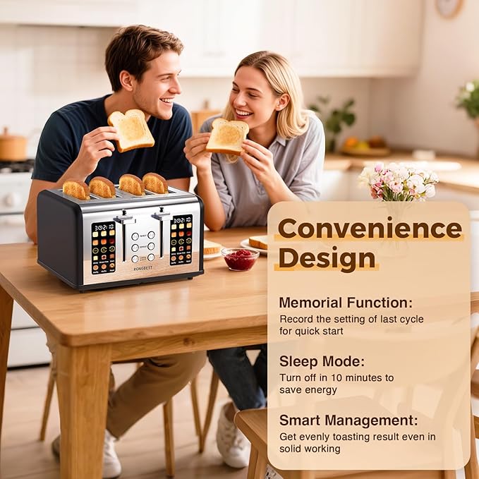 4 Slice Touch Screen Toaster Easy-to-Use Digital Stainless Steel Toaster with Wide Slots Reheat Defrost Cancel Removable Crumb Tray Matte Black