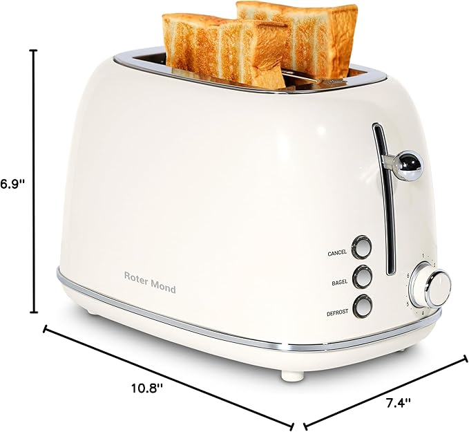 Roter Mond 2 Slice Toaster Retro Stainless Steel with Bagel Cancel and Defrost Functions 6 Bread Shade Settings Extra Wide Slots and Removable Crumb Tray Cream