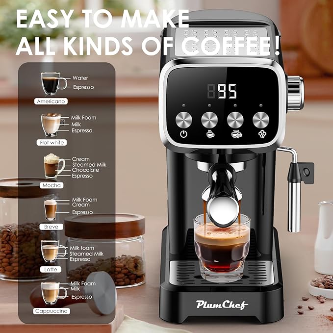 20 BAR Slim Vertical Espresso Machine with Milk Frother Built-in Cup Warmer 43 OZ Detachable Tank for Rich Espresso Americano Latte Compact Space-Saving Design Screen Button Black