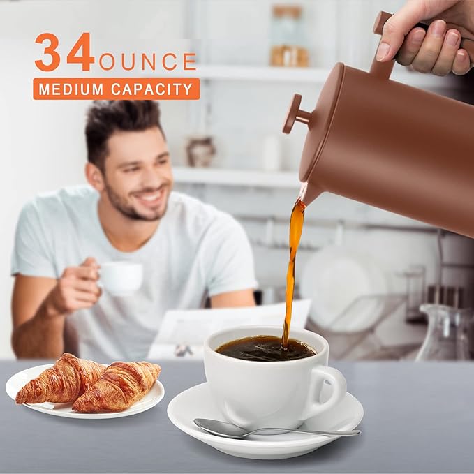 Secura French Press Coffee Maker 304 Grade Stainless Steel Insulated Coffee Press with 2 Extra Screens 34oz (1 Litre) Coffee