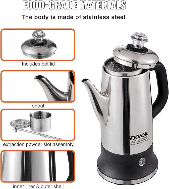 VEVOR 12-Cup Electric Percolator Coffee Pot 304 Stainless Steel Body Coffee Percolator with Keep Warm Function &amp Heat-Resistant Handle Classic Coffee Maker Quick Brew &amp Easy-Pour Spout Sil