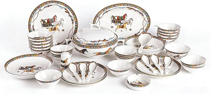 48 Piece Fine Bone China Dinnerware Set Luxury Horse Cheval Banquet Dinner Set - Elegant Design Dining Set for Everyday Use or Formal Occasions