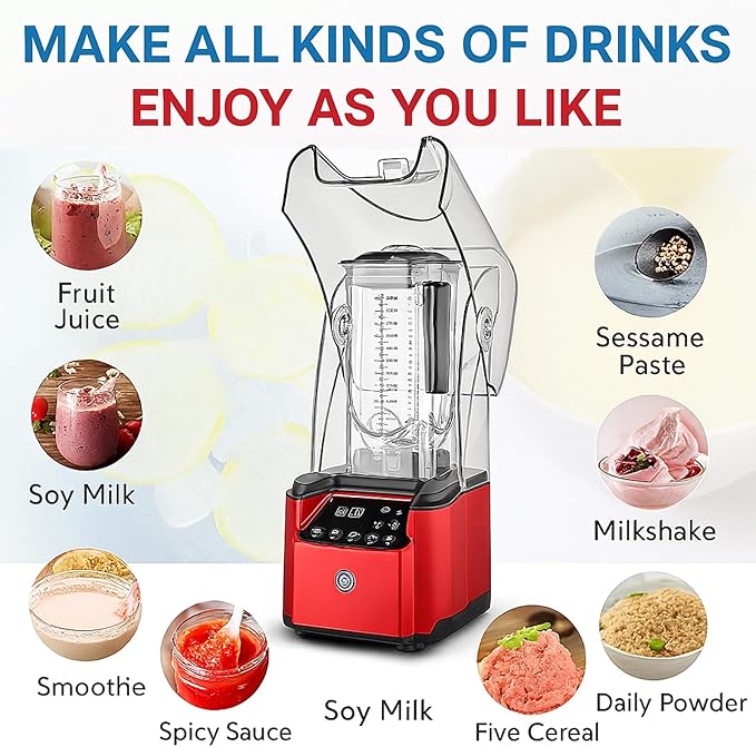 2200W Quiet Commercial Blender with Soundproof Shield – 2.2L Countertop Smoothie Maker with Smart Touch Screen – High Speed Food Blender for Ice Juices Shakes Restaurants Home UseRed