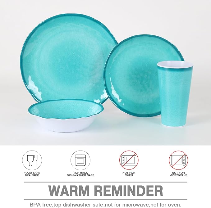 Melamine Dinnerware Set for 4-16 Pcs:Camping Dishes Set with Dinner PlatesSalad PlatesBowls and Cups.Lightweight and Unbreakable.Indoor and Outdoor Use.