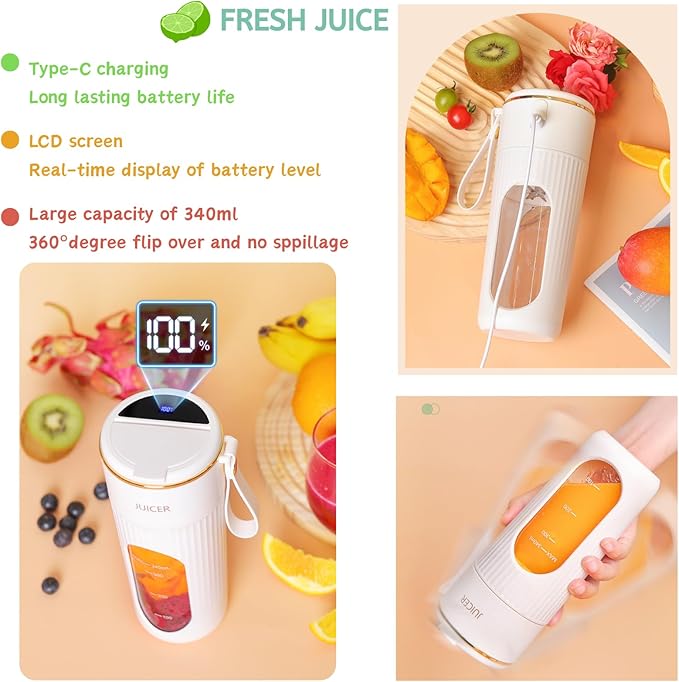 LCD Portable Blender Cup – For Smoothies Shakes &amp Fresh Juice. 14-Blade Straw Included. Wireless &amp Multi-Functional for Baby Food Travel Camping &amp Gym.