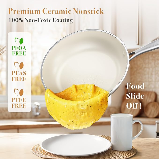 PekGema Ceramic Pots and Pans Set 16 Pcs Cookware Set Non Toxic Nonstick Kitchen Cookware Oven Safe Cooking Pan Set PFAS PTFE PFOA FREECompatible with All Cooktops comfortable handle.Cream White