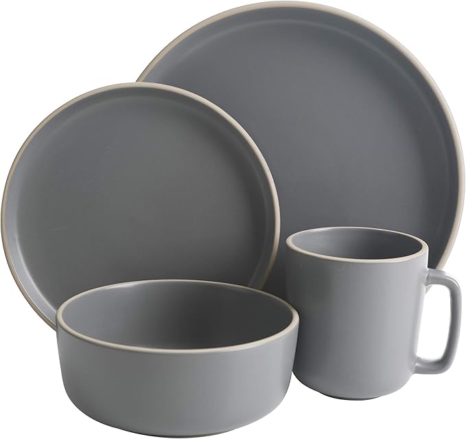 Gibson Home Zuma 16 Piece Round Kitchen Dinnerware Set Dishes Plates Bowls Mugs Service for 4 Matte Stoneware Grey Gray