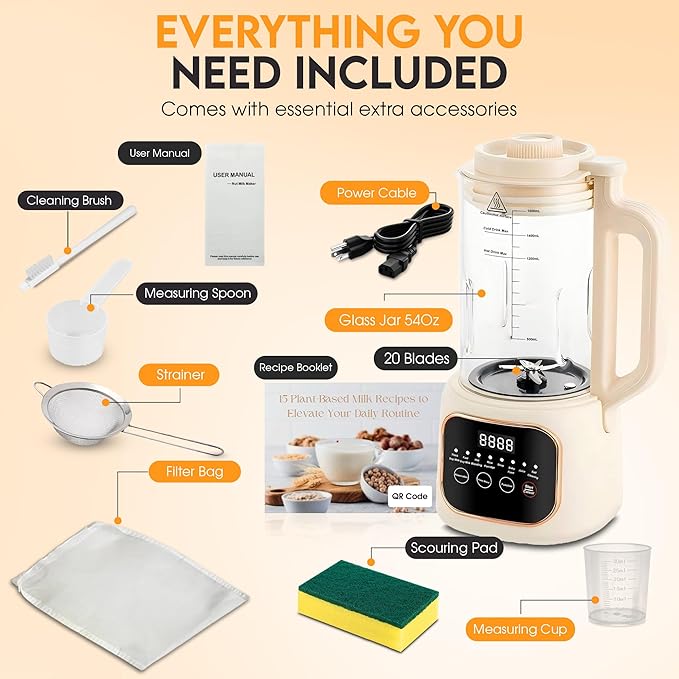 Nut Milk Maker Machine 54oz 11-in-1 7 Extra Accessories Oat &amp Soy Milk Maker with 20 Blades Soybean Milk Maker Almond Milk Maker Soymilk Machine Maker Nutmilk Maker Machine