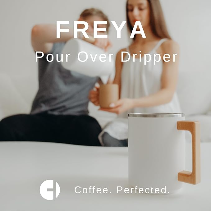 HASTINGS Pour Over Coffee Dripper - Stainless Steel Pour Over Coffee Filter Metal Paperless Reusable Double Mesh Cone Filter with Wood Handle - Coffee Maker for Single Cup Brew up to 68 OZ (White)