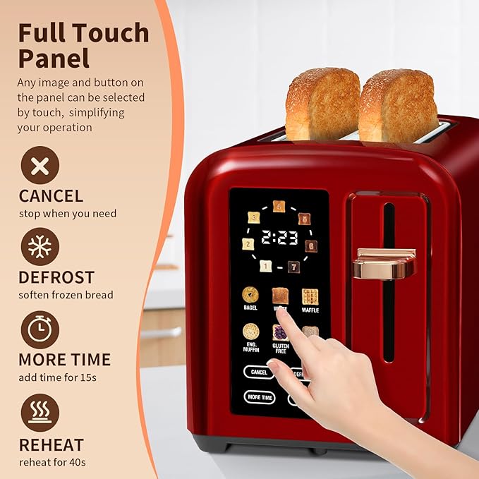 SEEDEEM Toaster 2 Slice Touch Control Stainless Toaster LCD Display 50% Faster Heating Speed 1.4'' Wide Slots More Timer Functions Removable Crumb Tray 1350W Dark Cherry