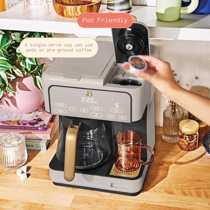 Beautiful Multi-Brew Commercial-Grade 12-Cup &amp Single-Serve Coffee Maker with Over Ice Option for Business and Personal Use by Drew Barrymore (Porcini Taupe)