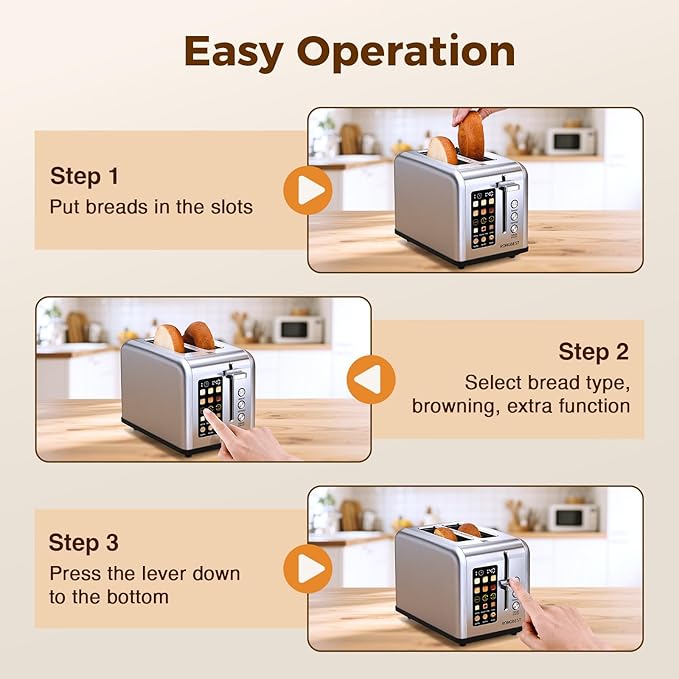 2 Slice Easy Touch Screen Toaster Stainless Steel Toaster with Wide Slots Even Toasting for Bagels &amp Bread Reheat &amp Defrost Removable Crumb Tray Silver
