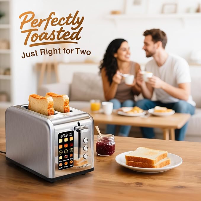 2 Slice Easy Touch Screen Toaster Stainless Steel Toaster with Wide Slots Even Toasting for Bagels &amp Bread Reheat &amp Defrost Removable Crumb Tray Silver