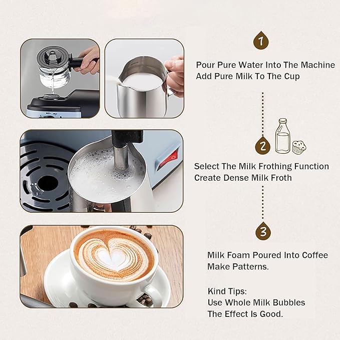 Espresso Coffee Maker 240ml Small Automatic Hand Grinding Coffee Machine with Steam Milk Frother Cappuccino Latte Machine with Latte Art Cup Coffee Pot for Home Office (Off White