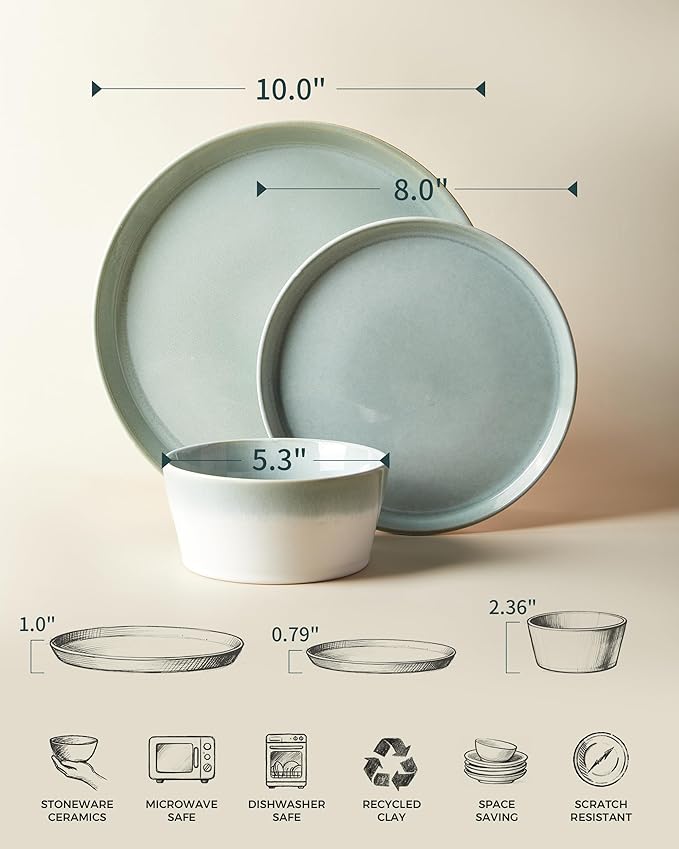 Dinnerware Sets for 4 Ceramic Plates and Bowls Set Modern Artisan Dish Set Microwave &amp Dishwasher Safe Dishware Set Chip &amp Scratch Resistant Dinner Sets Gradient Green